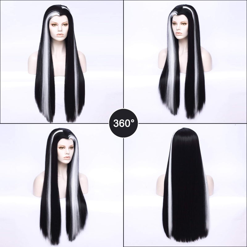 MORTICIA Long Straight Black and White Mixed Widow Peak Design Women Costume Wig - Image 4